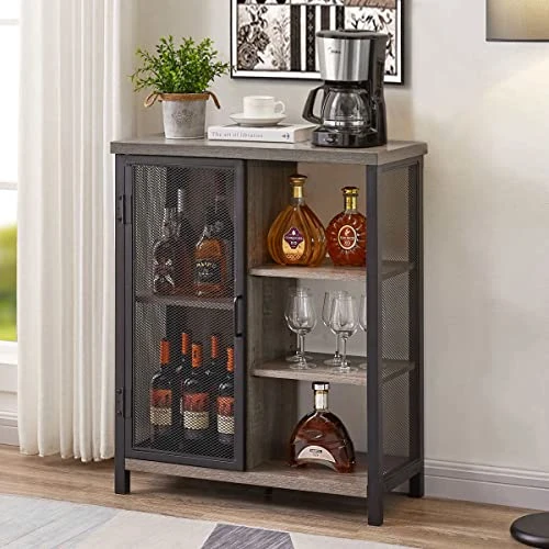 BON AUGURE Farmhouse Coffee Bar Cabinet With Storage, Industrial Liquor Cabinet With Adjustable Shelves, Rustic Small Buffet And Sideboard For Home (Dark Grey Oak) 5 BON AUGURE Farmhouse Coffee Bar Cabinet With Storage, Industrial Liquor Cabinet With Adjustable Shelves, Rustic Small Buffet And Sideboard For Home (Dark Grey Oak) - Image 5