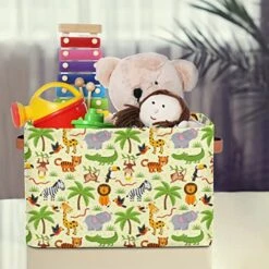 Animals Storage Bin, Jungle Animals Pattern Fabric Storage Baskets Collapsible Rectangular Storage Box With PU Leather Handles For Shelves Organizing Closet Pantry Bathroom, 1 Pack -Safavieh Furniture 51gzORZXY6L