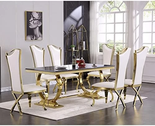 ACEDÉCOR 7 Piece Dining Table Set, Gold Kitchen And Dining Room Sets For 6, Metal Circling Base Dining Table In White Gold, White Leather Upholstered Dining Chairs With Gold Stainless Steel Legs 9 ACEDÉCOR 7 Piece Dining Table Set, Gold Kitchen And Dining Room Sets For 6, Metal Circling Base Dining Table In White Gold, White Leather Upholstered Dining Chairs With Gold Stainless Steel Legs - Image 9
