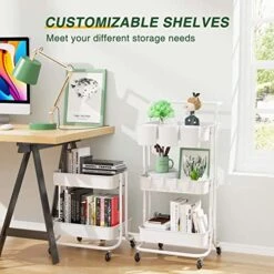 LEHOM 3-Tier Rolling Utility Cart With Hanging Cups & Hooks & Handle, Multifunctional Art Cart Organizer Storage With Wheels, Easy Assembly For Office, Bedroom, Kitchen, Bathroom, Laundry (White) -Safavieh Furniture 51h6rI7btTL