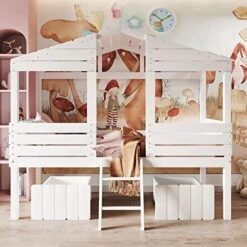 MeraxTwin Size Low Loft For Kids Wood House Bed With Drawer,Two Front Windows And Roof For Kids Teens, White -Safavieh Furniture 51h7tFAM7aL