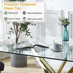 Pvillez Contemporary Glass Dining Table For 6 People, 63 Inch Rectangular Glass Kitchen Table For Dining Room Kitchen, Modern Tempered Glass Top Dining Table With Gold Stainless Steel Pedestal Base -Safavieh Furniture 51h8z8ZMd7L