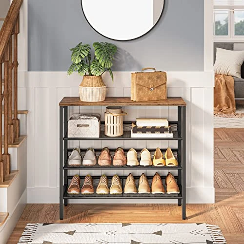 HOOBRO Industrial Shoe Rack, 4-Tier Shoe Shelf, Storage Organizer Unit With 3 Mesh Shelves, Wood Look Accent Furniture With Metal Frame, For Entryway, Living Room, Hallway BF14XJ01 1 HOOBRO Industrial Shoe Rack, 4-Tier Shoe Shelf, Storage Organizer Unit With 3 Mesh Shelves, Wood Look Accent Furniture With Metal Frame, For Entryway, Living Room, Hallway BF14XJ01