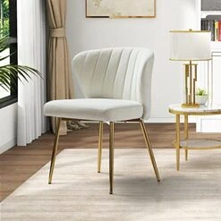 HULALA HOME Velvet Dining Chairs, Modern Small Armless Accent Chair With Gold Metal Legs, Living Room Upholstered Cute Side Chair, Elegant Tufted Back Vanity Chair For Bedroom/Beauty Room-Ivory