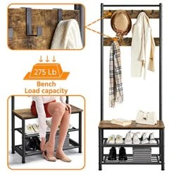 Yaheetech Metal Hall Tree With Shoe Storage Bench Entryway Coat Rack With 2 Shoe Shelves & 9 Movable Hooks, Rustic Brown -Safavieh Furniture 51hCFIP5UiS