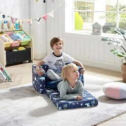 Ulax Furniture Children Sofa Chair Kids FILP-Out Chair Convertible Sofa To Sleeper Couch (Navy Dinosaur)
