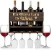 Bezrat Wall Mounted Wine Rack - 4 Wine Glasses Included - Wine Glasses & Bottle Gifts For Mom It's Moms Turn To Wine, Are Funny Mom Gifts, Make Great Birthday Gifts For Mom