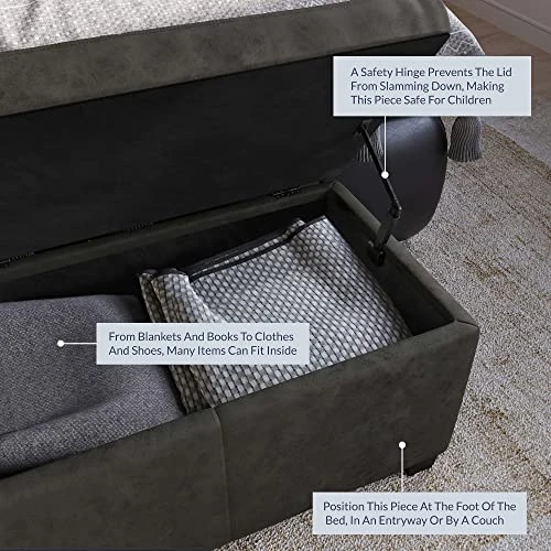 BELLEZE 47 Inch Storage Ottoman, Faux Leather Storage Bench Bedroom Bench With Safety Close Hinge, Ottoman With Storage For Living Room, Entryway, Hallway, Foot Rest, Support 300lbs - Rustic Gray 3 BELLEZE 47 Inch Storage Ottoman, Faux Leather Storage Bench Bedroom Bench With Safety Close Hinge, Ottoman With Storage For Living Room, Entryway, Hallway, Foot Rest, Support 300lbs - Rustic Gray - Image 3