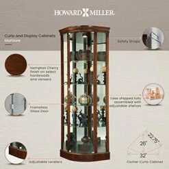 Howard Miller Marlowe Corner Curio Cabinet 680-529 – Hampton Cherry Finish, Four Glass Shelves, Five Level Display Case, No Reach Light, Adjustable Levelers