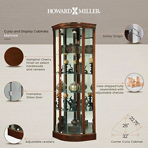 Howard Miller Marlowe Corner Curio Cabinet 680-529 – Hampton Cherry Finish, Four Glass Shelves, Five Level Display Case, No Reach Light, Adjustable Levelers 1 Howard Miller Marlowe Corner Curio Cabinet 680-529 – Hampton Cherry Finish, Four Glass Shelves, Five Level Display Case, No Reach Light, Adjustable Levelers