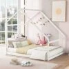 Tensun Full Size Wooden House Bed With Roof For Toddlers,Kids,Girls, Boys, Bedroom Children Full Floor Bed Frame,No Box Spring Needed,White