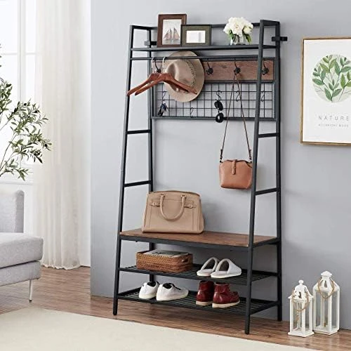 O&K FURNITURE Entryway Hall Tree Coat Rack, 5 In 1 Hall Tree With 3-Tier Storage Bench, Multifunctional Entry Organizer With 11 Hooks For Mudroom, Hallway, Foyer-Gray Finish 7 O&K FURNITURE Entryway Hall Tree Coat Rack, 5 In 1 Hall Tree With 3-Tier Storage Bench, Multifunctional Entry Organizer With 11 Hooks For Mudroom, Hallway, Foyer-Gray Finish - Image 7