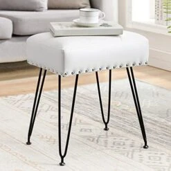 LUE BONA Faux Leather Rectangle Vanity Stool, Vanity Chair For Makeup Room, White Rivet Ottoman Foot Rest Entryway Bench With Black Legs For Bedroom Living Room -Safavieh Furniture 51i65EADxmL. AC