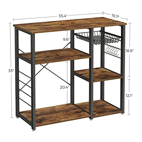 VASAGLE ALINRU Kitchen Baker’s Rack, Coffee Bar, Microwave Oven Stand, With Steel Frame, Wire Basket, 6 Hooks, 35.4", Rustic Brown 4 VASAGLE ALINRU Kitchen Baker’s Rack, Coffee Bar, Microwave Oven Stand, With Steel Frame, Wire Basket, 6 Hooks, 35.4", Rustic Brown - Image 4