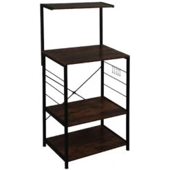 Standing Kitchen Bakers Rack With Side Hooks, 4-Tier Microwave Oven Stand Kitchen Cart Storage Rack Organizer, Utility Ktichen Island Shelf, Coffee Bar Station For Kitchen, Living Room, Rustic Brown