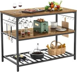 Homieasy Kitchen Island With Wine Glass Holder, Industrial Wood And Metal Coffee Bar Wine Rack Table, 3 Tier Spacious Kitchen Prep Table Extended Counter With Hooks Easy To Assemble, Black Oak -Safavieh Furniture 51iQ9EB8D9L. AC