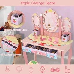 HONEY JOY Kids Vanity, Strawberry Princess Wooden Makeup Dressing Table & Chair Set W/Real Glass Tri-Fold Oval Mirror & Accessories, Detachable Top, Pretend Play Vanity Set For Little Girls(Pink) -Safavieh Furniture 51iWB2XZU9L