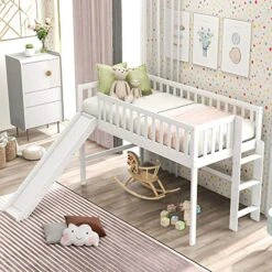 Kteam Twin Size Low Loft Bed With Ladder/Slide/headboard, Pine Wood Bed Frame For Girls/Boys (White) -Safavieh Furniture 51idA3wUgIL