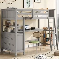 Harper & Bright Designs Full Loft Bed With Desk And 3 Drawers, Solid Wood Full Size Loft Bed Frame With 2 Tier Shelves And Angled Ladder For Kids Teens Boys Girls, No Box Spring Needed (White) -Safavieh Furniture 51if6CTF0hL. AC