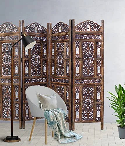 Oom Divider Wood Screen - Ghanti Bells Antique Brown - 4 Panel Folding 72 X 80 - Assembled Hand Carved Decorative Functional Versatile Portable Partition Reversible Privacy Boho - COTTON CRAFT 4 Oom Divider Wood Screen - Ghanti Bells Antique Brown - 4 Panel Folding 72 X 80 - Assembled Hand Carved Decorative Functional Versatile Portable Partition Reversible Privacy Boho - COTTON CRAFT - Image 4