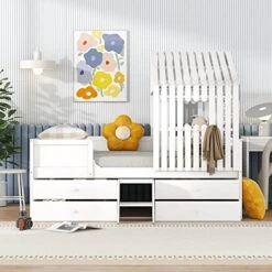 Full House Beds With Storage Drawers For Kids Montessori Bed Wood Playhouse Tent Bed Frame With 4 Drawers And Ladder For Children Girls Boys Teens Junior, Full Size, White -Safavieh Furniture 51ilvUQvSML