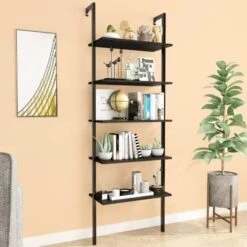AWQM Industrial Wall Mounted Ladder Shelf, 5 Tier Bookshelf, Ladder Bookcase With Metal Frame, Organizer Plant Flower Display Stand, Open Bookcase Rack For Home Office, Balcony, Bathroom, Gold &Black -Safavieh Furniture 51imHcKlyyL. AC