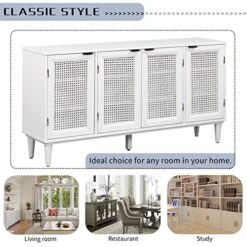 Bellemave Buffet Cabinet With 4 Rattan Doors Large Freestanding Sideboard Storage Cabinet Entryway Console Table For Living Room, Kitchen Dining Room, Entryway, White -Safavieh Furniture 51inLCJGEXL