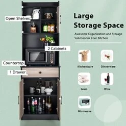 Giantex Pantry Organization And Storage, Tall Buffet Hutch Cabinet With Drawer Cabinet Shelf, High Cupboard Sideboard, Stationary Microwave Stand, Wood Countertop (Black & Natural) -Safavieh Furniture 51istdnxdEL