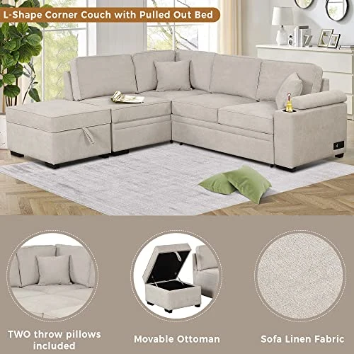 Merax L Shaped Sectional Sofa Couch Sleeper Bed With Storage Ottoman And Chaise For Living Room, Small Apartment Love Seats, Beige_Linen 5 Merax L Shaped Sectional Sofa Couch Sleeper Bed With Storage Ottoman And Chaise For Living Room, Small Apartment Love Seats, Beige_Linen - Image 5