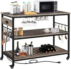 Yaheetech Kitchen Island With Power Outlet, Rolling Kitchen Cart With Wine Rack & Glass Holder & Hooks, Coffee Station Microwave Stand Wine Rack Table For Kitchen/Dinning Room, Rustic Brown -Safavieh Furniture 51j7nwPmoTL. AC