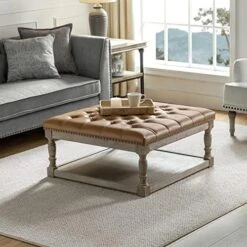 HULALA HOME Large Square Ottoman Coffee Table For Living Room, Button Tufted Cocktail Ottoman With Shelf & Solid Wood Legs, Upholstered Farmhouse Footrest Stool, Beige -Safavieh Furniture 51j9aIjYKQL. AC
