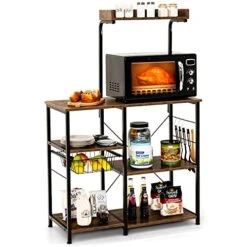 Giantex Kitchen Baker’s Rack, 4-Tier Microwave Storage Stand, Utility Storage, Wire Basket With 5 Hooks, Spice Utensils For Organizing Work Station Shelf 35.5” Length, Charcoal Brown&Black