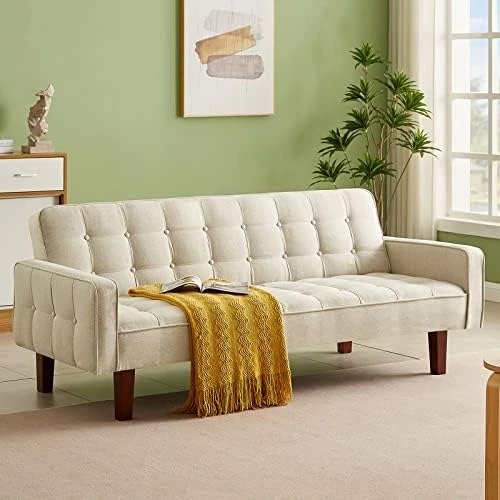 Betoko Linen Futon Sofa Couch 73.6" Fabric Upholstered Convertible Sofa Bed Minimalist Button Tufted Small 3 Seater Sleeper Futon Couch Set For Living Room Bedroom (Beige) 7 Betoko Linen Futon Sofa Couch 73.6" Fabric Upholstered Convertible Sofa Bed Minimalist Button Tufted Small 3 Seater Sleeper Futon Couch Set For Living Room Bedroom (Beige) - Image 7