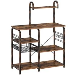 Rolanstar Baker's Rack For Kitchen 35.5" With 6 Shelves And 12 Hooks, Large Capacity Utility Storage Shelf With Microwave Stand Foldable Pull Basket, Stable Retro Metal Frame Rustic Brown
