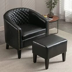 SSLine Modern White Leather Upholstered Accent Arm Chair Soft Barrel Club Chairs For Living Room Comfy Single Sofa Office Guest Chatting Chair With Solid Wood Legs And Nailhead For Bedroom (White) -Safavieh Furniture 51jZGG5zfEL. AC