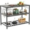 Homieasy Kitchen Island With Wine Glass Holder, Industrial Wood And Metal Coffee Bar Wine Rack Table, 3 Tier Spacious Kitchen Prep Table Extended Counter With Hooks Easy To Assemble, Black Oak