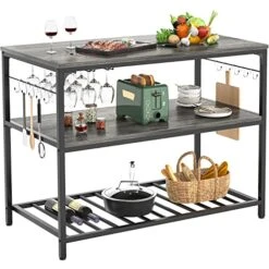 Homieasy Kitchen Island With Wine Glass Holder, Industrial Wood And Metal Coffee Bar Wine Rack Table, 3 Tier Spacious Kitchen Prep Table Extended Counter With Hooks Easy To Assemble, Black Oak