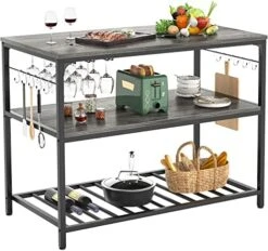 Homieasy Kitchen Island With Wine Glass Holder, Industrial Wood And Metal Coffee Bar Wine Rack Table, 3 Tier Spacious Kitchen Prep Table Extended Counter With Hooks Easy To Assemble, Black Oak -Safavieh Furniture 51jf4jh04AL. AC