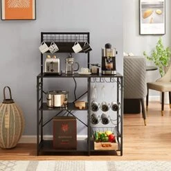 Lovitgo Bakers Rack With Power Outlet Wine Rack, Microwave Stand With Wire Basket, 12 S Hooks, Adjustable Shelves, Kitchen Stands With Storage Suitable ForCoffee Bar, Living Room, Expresso Color -Safavieh Furniture 51juehgROuL