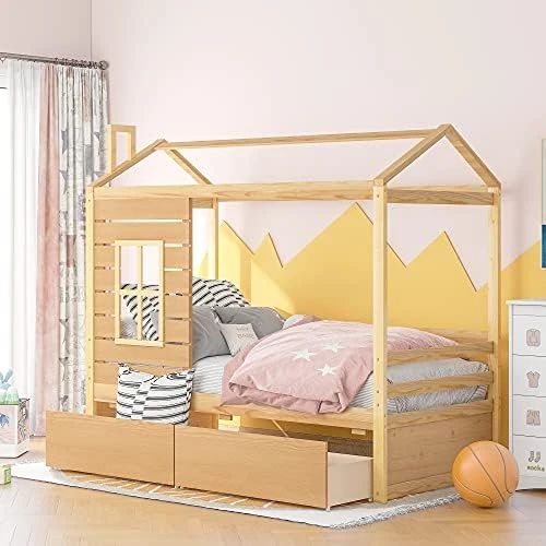 House Bed Full For Kids With Storage Drawer, Wood Cabin Tent Bed Frame For Girls Boys, Montessori Beds With Roof And Window, Full Size, Green 12 House Bed Full For Kids With Storage Drawer, Wood Cabin Tent Bed Frame For Girls Boys, Montessori Beds With Roof And Window, Full Size, Green - Image 12