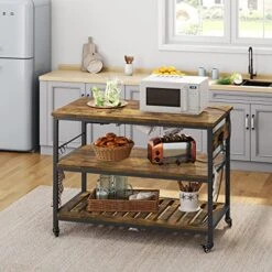 Yaheetech Kitchen Island With Power Outlet, Rolling Kitchen Cart With Wine Rack & Glass Holder & Hooks, Coffee Station Microwave Stand Wine Rack Table For Kitchen/Dinning Room, Rustic Brown -Safavieh Furniture 51kCgS4jBfL