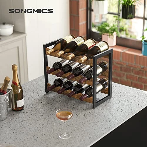 SONGMICS Countertop Wine Rack, 3-Tier Display Wine Storage Shelves, Holds 12 Bottles, Bamboo Wobble-Free Bottle Holder For Kitchen Bar Dining Room Living Room, Rustic Brown And Black UKWR011B01 3 SONGMICS Countertop Wine Rack, 3-Tier Display Wine Storage Shelves, Holds 12 Bottles, Bamboo Wobble-Free Bottle Holder For Kitchen Bar Dining Room Living Room, Rustic Brown And Black UKWR011B01 - Image 3