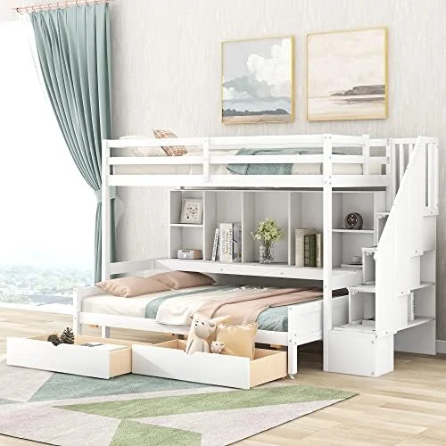 Harper & Bright Designs Twin XL Over Full Bunk Bed Frame With Built-in Storage Shelves For Kids Boys Girls, Drawers And Staircase,Gray 8 Harper & Bright Designs Twin XL Over Full Bunk Bed Frame With Built-in Storage Shelves For Kids Boys Girls, Drawers And Staircase,Gray - Image 8
