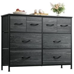 WLIVE Dresser For Bedroom With 8 Drawers, Wide Fabric Dresser For Storage And Organization, Bedroom Dresser, Chest Of Drawers For Living Room, Closet, Hallway, Nursery, Charcoal Black Wood Grain Print
