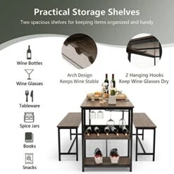 COSTWAY 3-Piece Dining Table Set For 4, Rustic Pub Dining Table With 2 Benches, 2 Storage Shelves And Glass Holder, Breakfast Kitchen Table And Chairs Set For Small Space Kitchen Restaurant Bar -Safavieh Furniture 51kTTjDU2KL