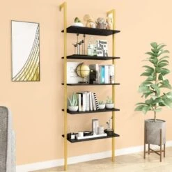 AWQM Industrial Wall Mounted Ladder Shelf, 5 Tier Bookshelf, Ladder Bookcase With Metal Frame, Organizer Plant Flower Display Stand, Open Bookcase Rack For Home Office, Balcony, Bathroom, Gold &Black
