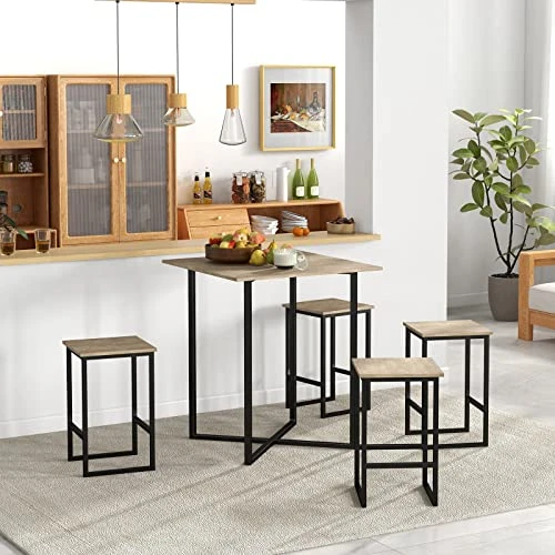 Giantex 5 Piece Dining Table Set, Industrial Kitchen Table Set W/ 4 Stools, Square Space-Saving Bar Table Set For Small Spaces, Apartment, Counter Height Table Sets W/Metal Frame (Natural & Black) 2 Giantex 5 Piece Dining Table Set, Industrial Kitchen Table Set W/ 4 Stools, Square Space-Saving Bar Table Set For Small Spaces, Apartment, Counter Height Table Sets W/Metal Frame (Natural & Black) - Image 2