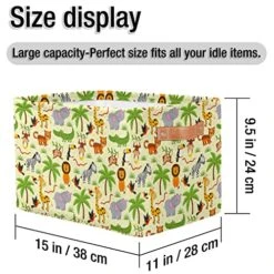 Animals Storage Bin, Jungle Animals Pattern Fabric Storage Baskets Collapsible Rectangular Storage Box With PU Leather Handles For Shelves Organizing Closet Pantry Bathroom, 1 Pack