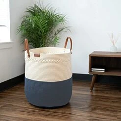 CML Colton Michael Living Premium Cotton Rope Basket Laundry, Toys, Blankets, Clothes, Hamper,Cream And Grey,20inh X 15inw