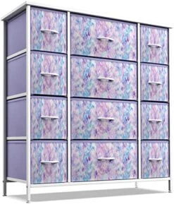 Kids Dresser With 12 Drawers - Chest Organizer Unit With Steel Frame Wood Top & Handle, Fabric Bins For Clothes - Large Furniture For Bedroom Hallway Kids Room Nursery & Closet (Purple Tie-dye)